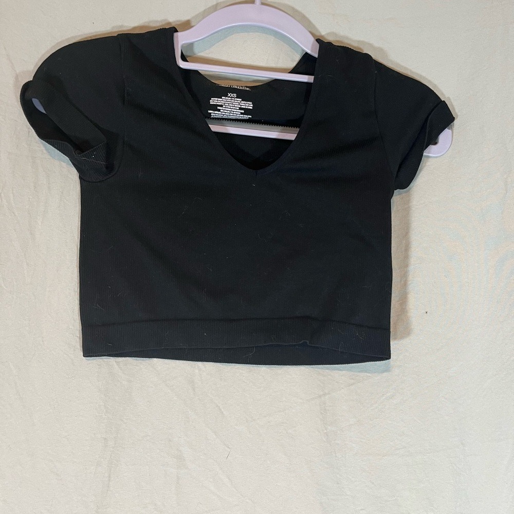 Wild Fable Black Ribbed V-Neck Crop Top Short Sleeve XXS Stretch Knit T-Shirt